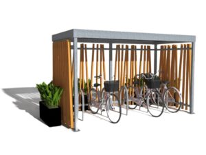 Abri vélo design avec structure en métal et panneaux en bois, décoré de plantes vertes, idéal pour les entreprises ou collectivités.