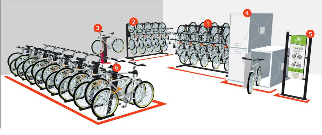 Plan intérieur de stockage de vélos.
