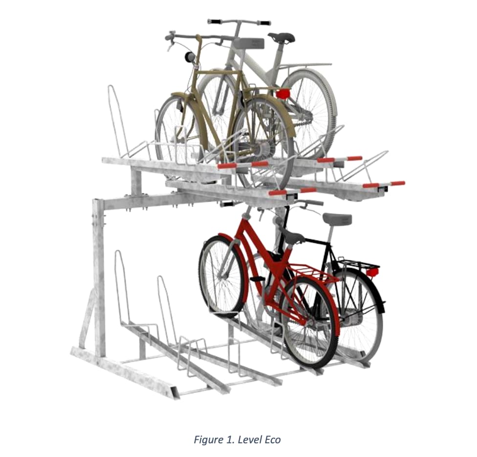 Photographie du 'Falco Level Eco', un rack à vélo double étage, permettant un rangement vertical optimisé pour plusieurs vélos.