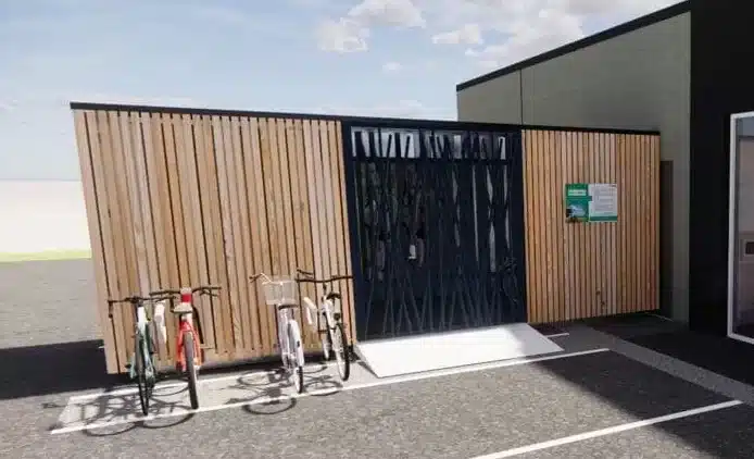 Abri vélo éco-responsable en container maritime recyclé avec finition en bois.
