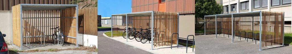 Abris pour vélos avec structure métallique et parois en bois.