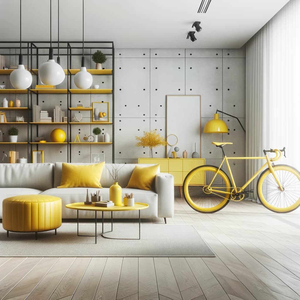 Photographie montrant un vélo intégré harmonieusement à la décoration d'une pièce, utilisé comme élément décoratif tout en conservant sa fonctionnalité.