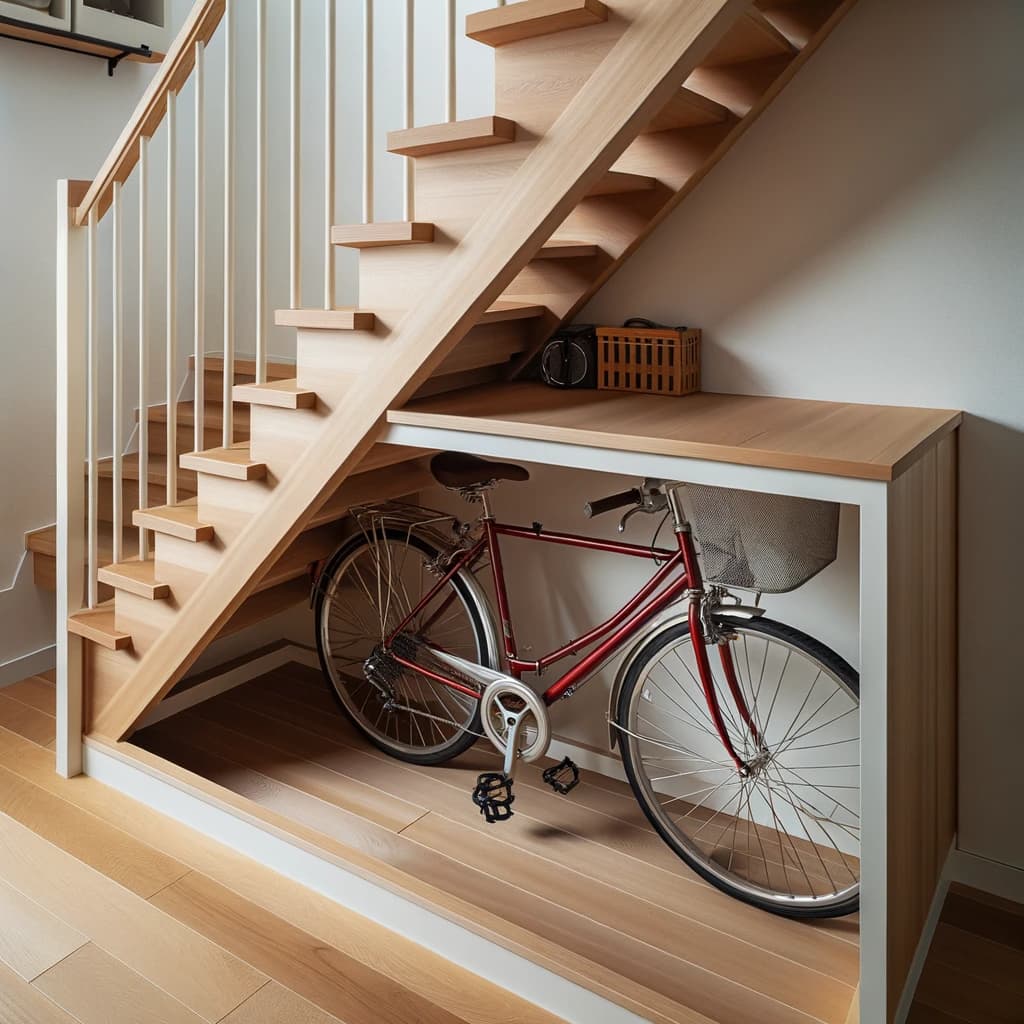 Photographie montrant un vélo rangé soigneusement sous un escalier, exploitant l'espace inutilisé pour un rangement astucieux.