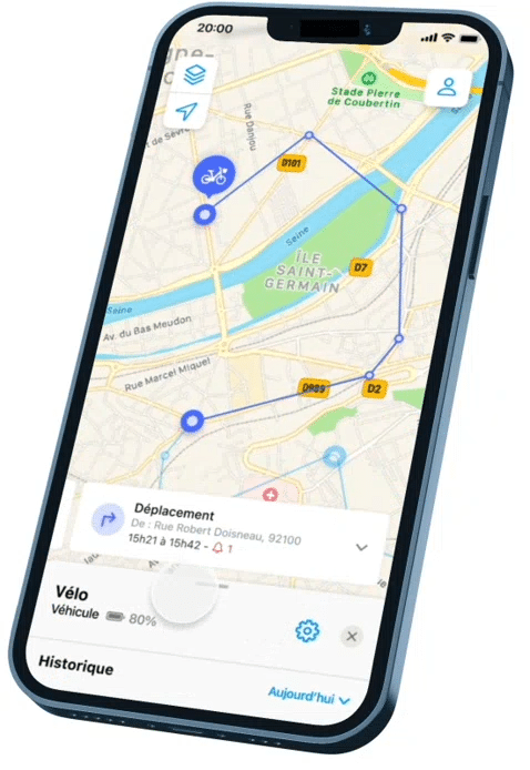 Capture d'écran d'une application mobile affichant un trajet à vélo sur une carte avec des points de localisation et des détails de déplacement.