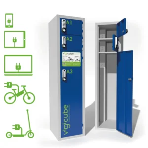 Un casier de recharge sécurisé Vigicube pour vélos et trottinettes électriques, avec plusieurs compartiments et des prises de recharge intégrées. Idéal pour sécuriser et recharger les vélos et trottinettes électriques dans les entreprises et les collectivités.