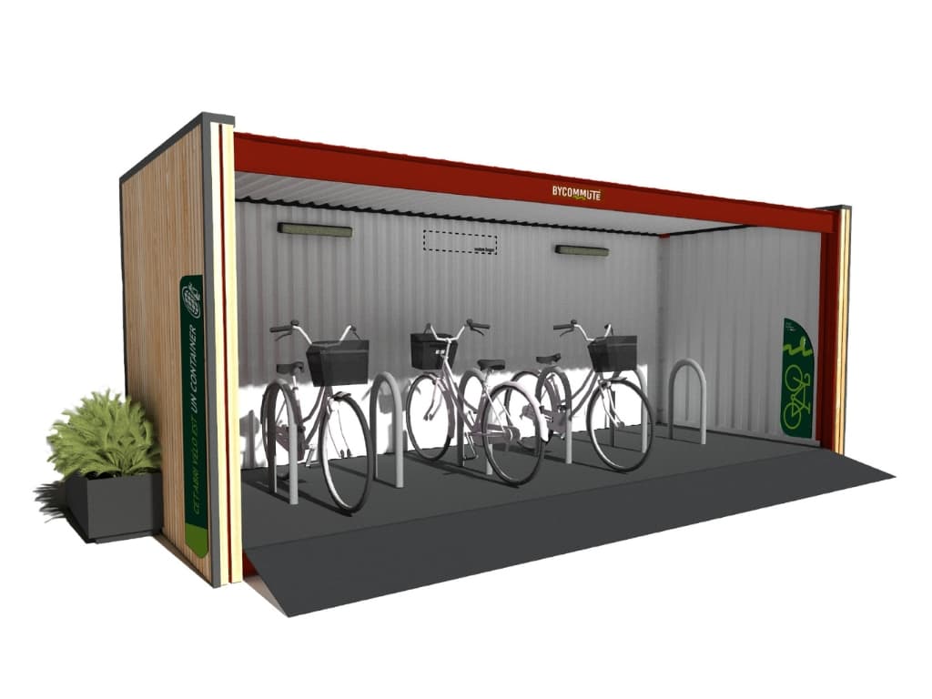 Abri vélo container avec des vélos stationnés à l’intérieur, conçu par Bycommute, avec des parois en métal et bois.