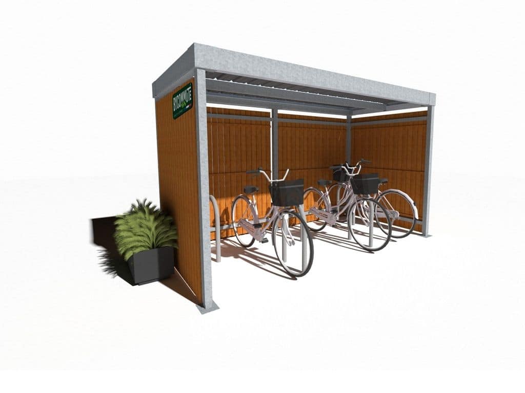 Abri vélo design en bois avec structure métallique, équipé de racks pour vélos, signé Bycommute