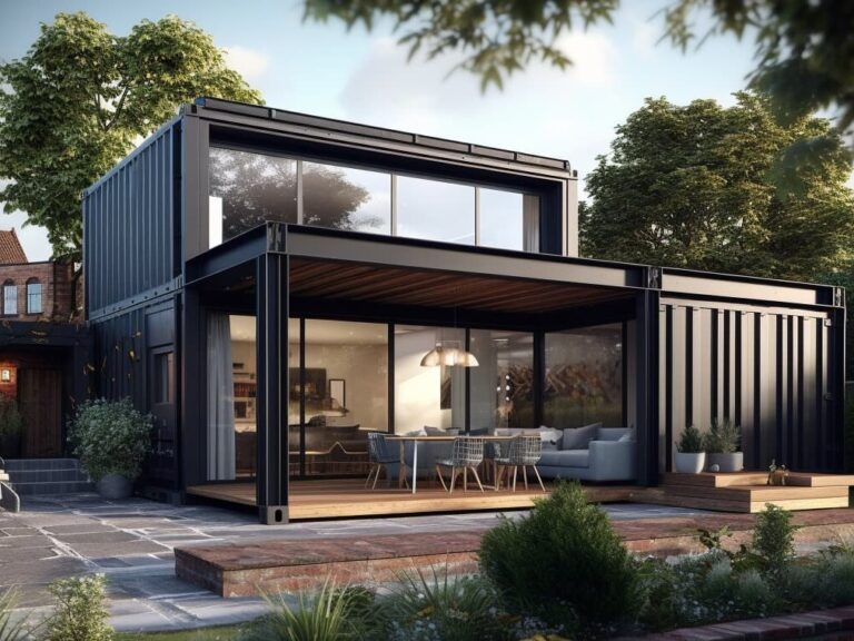 Maison moderne en containers avec de grandes fenêtres et une terrasse extérieure.