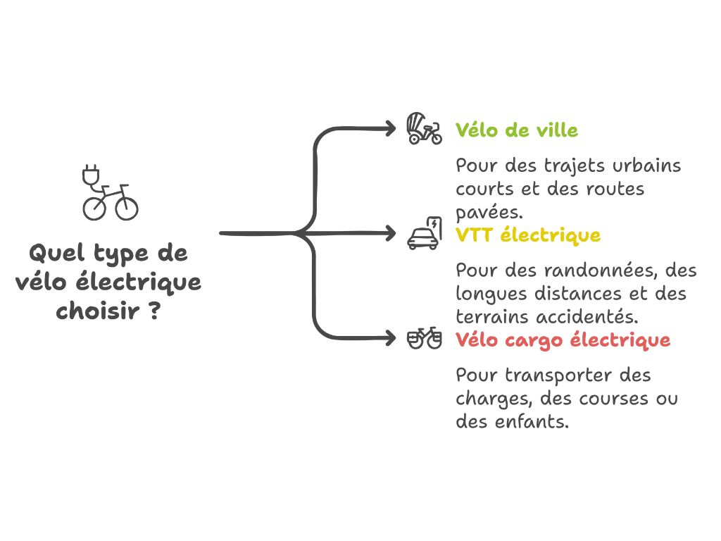 Infographie présentant les différents types de vélos électriques avec leurs usages recommandés : vélo de ville, VTT électrique, et vélo cargo électrique.