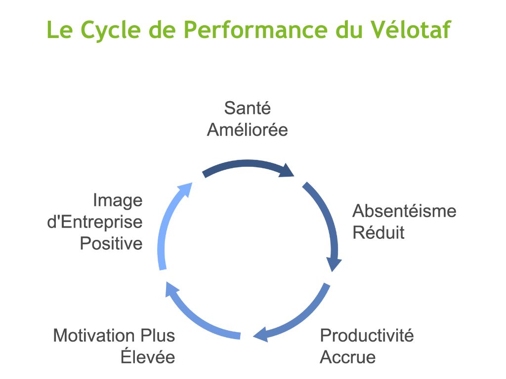 Infographie du cycle de performance du vélotaf, illustrant les bénéfices comme la santé améliorée, la réduction de l'absentéisme, l'augmentation de la productivité, une motivation accrue et une image d'entreprise positive.