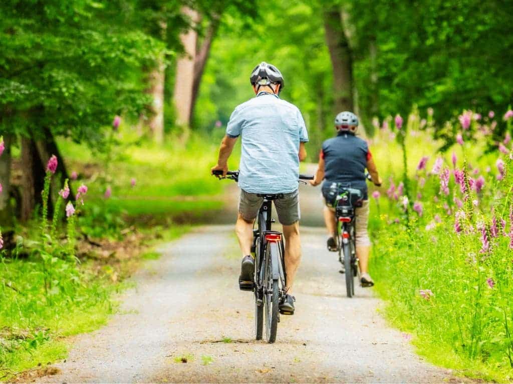 Deux cyclistes roulant sur un chemin forestier entouré de verdure et de fleurs sauvages.