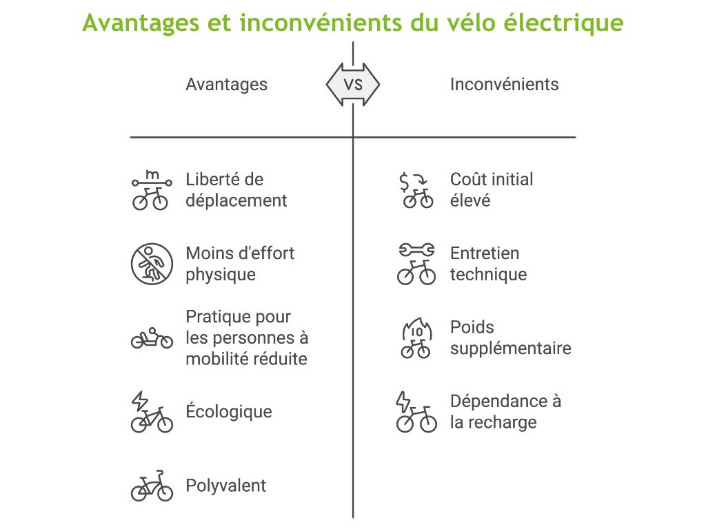 Tableau comparatif illustrant les avantages et les inconvénients de l'utilisation du vélo électrique, avec des icônes représentant chaque point.