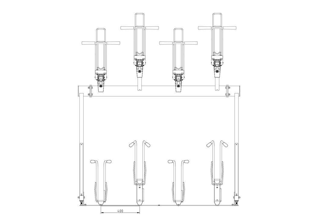 Schéma technique d'un double support à vélos superposés avec 20 emplacements, affichant une largeur totale de 4958 mm et des marges latérales de 150 mm, conçu par Bycommute.