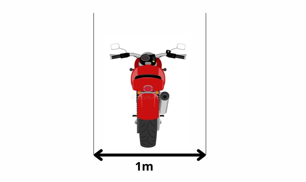 Illustration d'une moto rouge vue de face avec une largeur de 1 mètre indiquée par des flèches horizontales noires.

